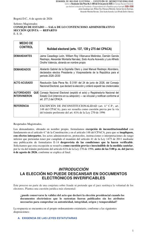 Portada de la Excepción de Inconstitucionalidad